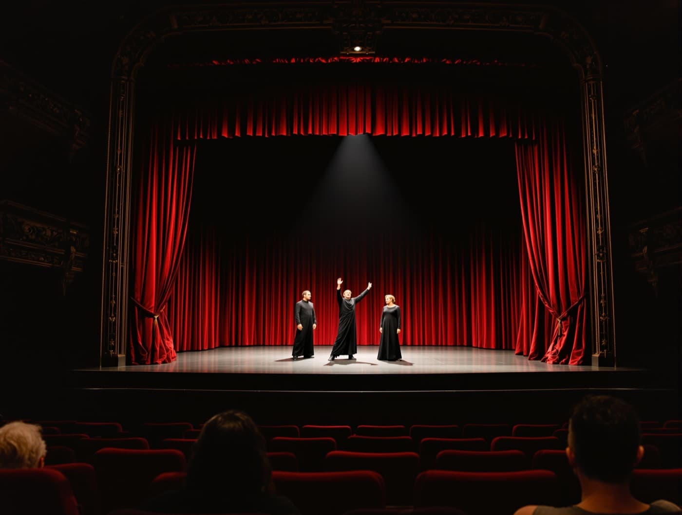 Trois comédiens sur la scène d’un théâtre à l’italienne, vus depuis la salle